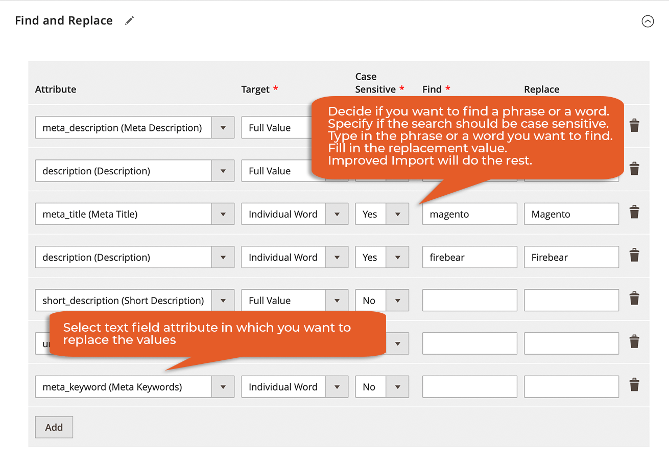 During import find the values you want to replace in text field attributes